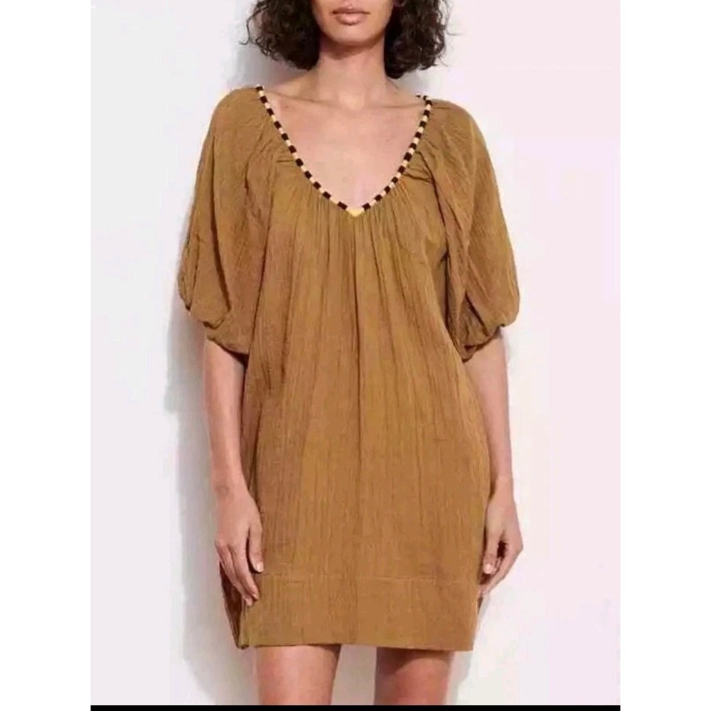 Sundry Brown Cotton Gauze V-Neck Puff Sleeve Mini Dress Size XS Boho